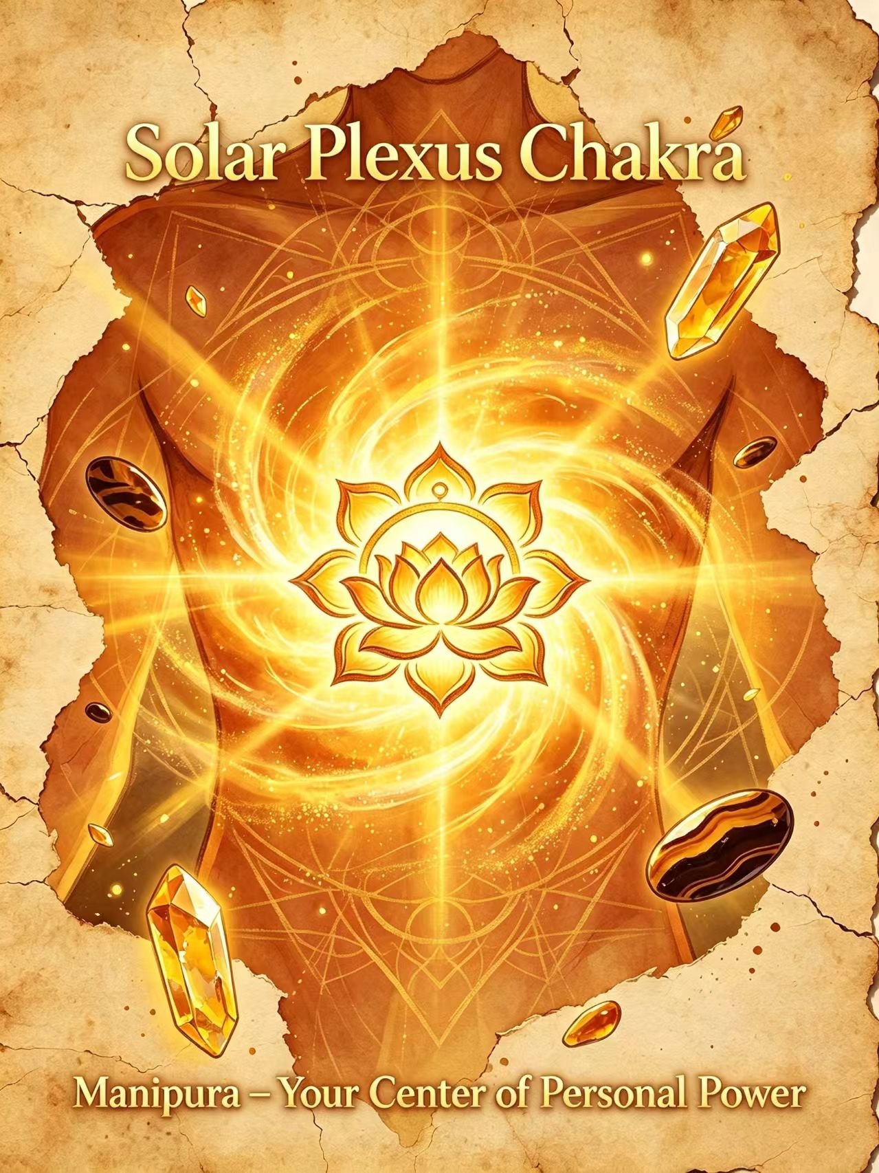 Solar plexus chakra Manipura guide with glowing yellow energy at upper abdomen, how to unblock solar plexus chakra for confidence and personal power