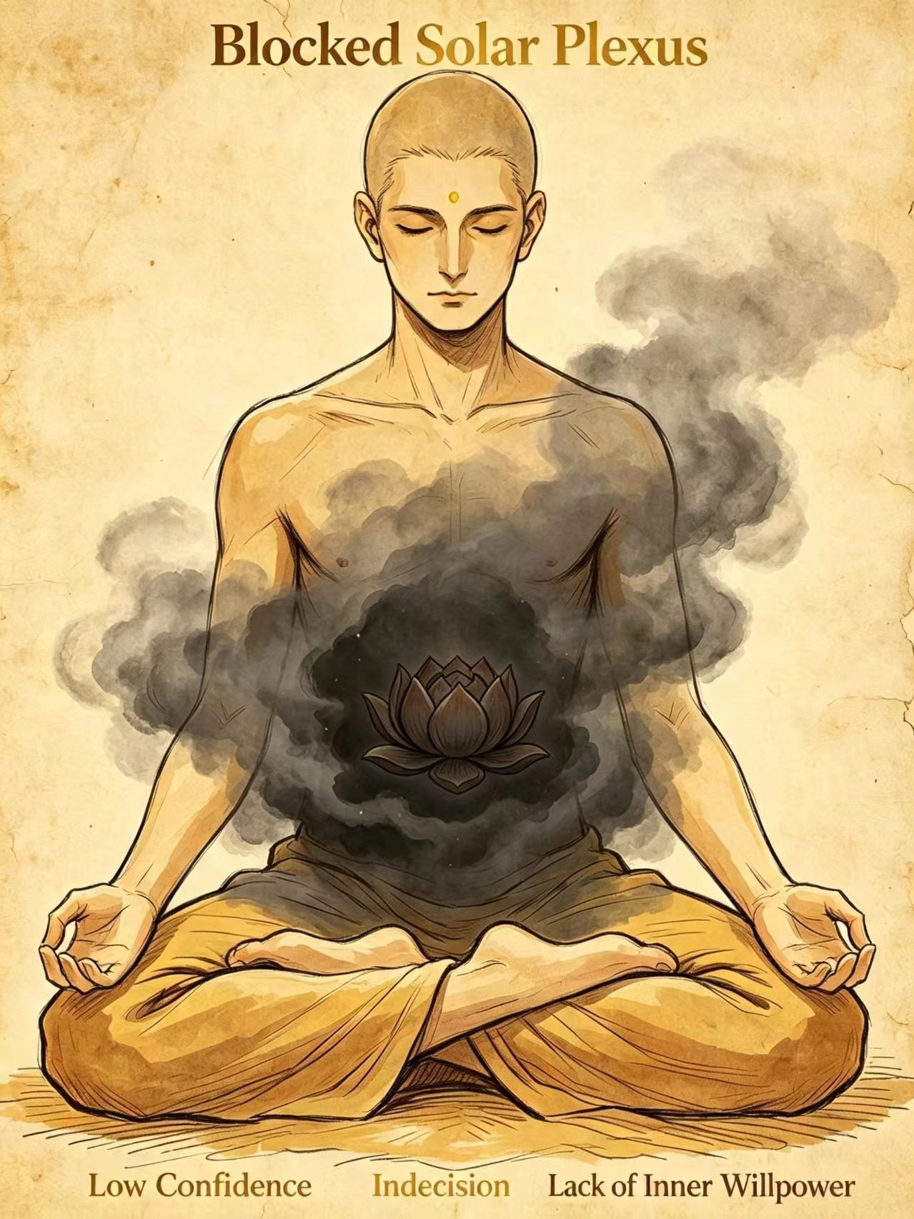 Blocked solar plexus chakra symptoms illustration, stagnant yellow energy at upper abdomen, low self-esteem and indecision signs