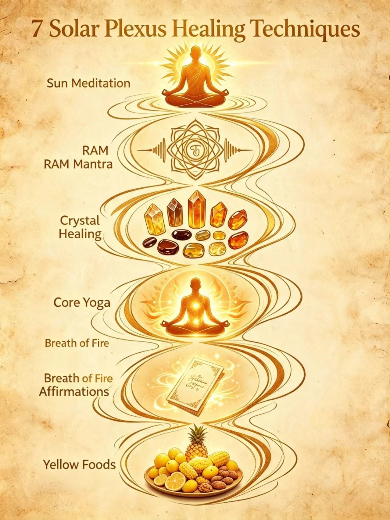 7 solar plexus chakra healing techniques infographic, sun meditation, RAM mantra sound healing, yellow crystals, core-strengthening yoga, solar plexus affirmations, breath of fire, yellow foods