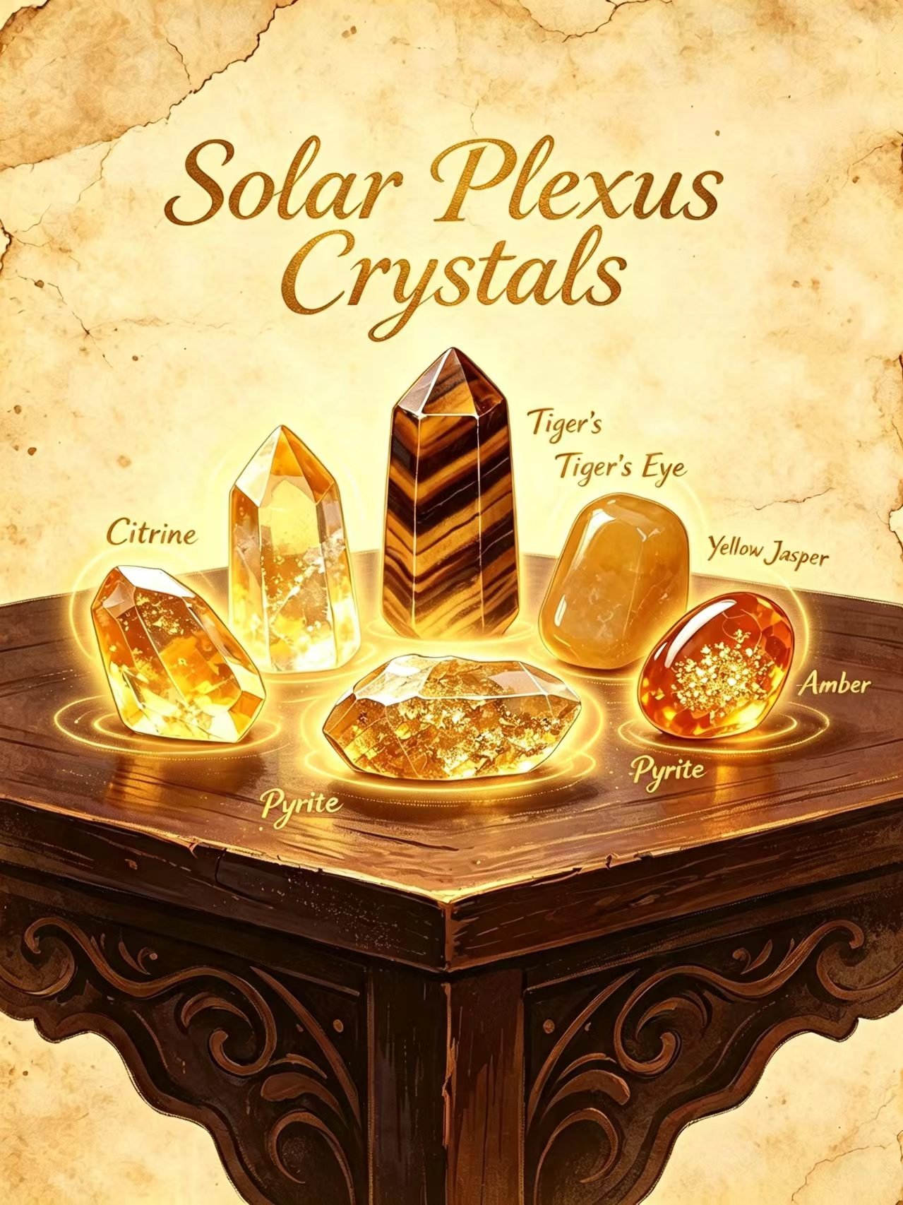 Solar plexus chakra healing crystals, Citrine, Tiger's Eye, Yellow Jasper, Pyrite, Amber for confidence, willpower and personal power