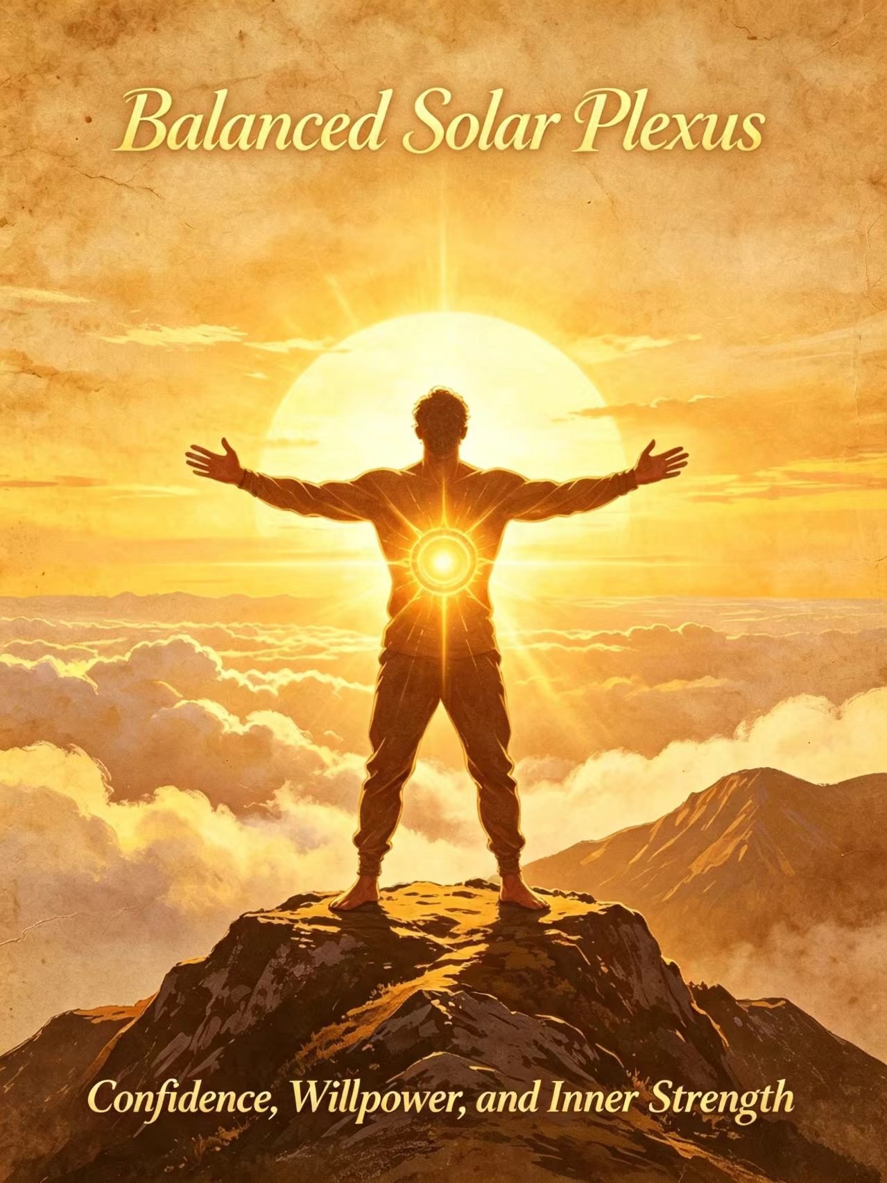 Balanced solar plexus chakra, confident person standing tall with glowing yellow energy at core, empowered and in control