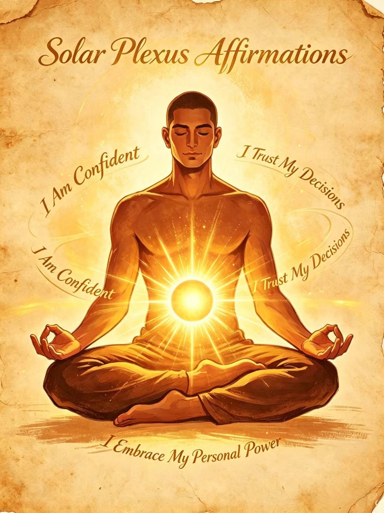 Solar plexus affirmations meditation, yellow energy glowing in upper abdomen, I am confident, powerful, and worthy