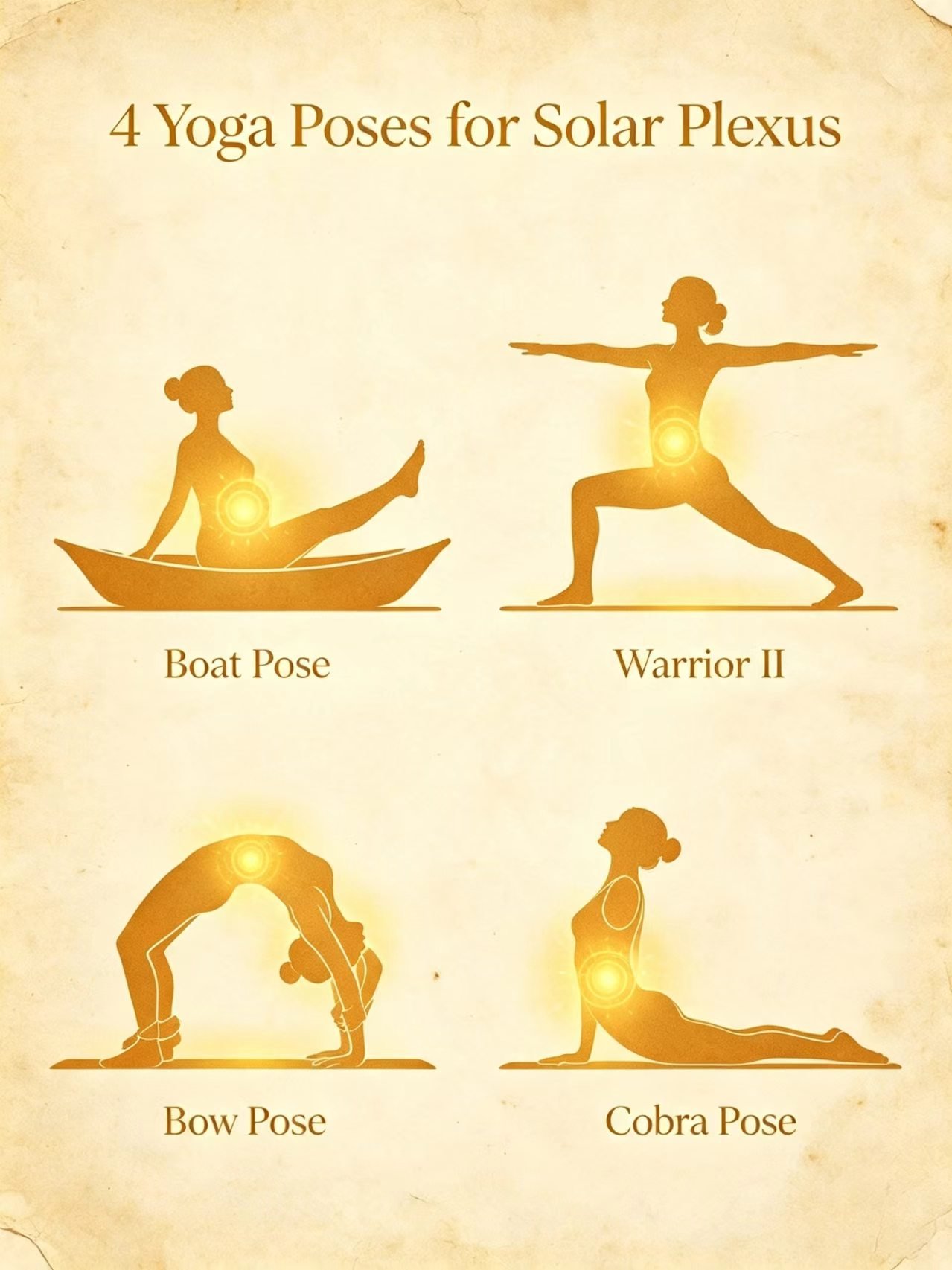 Core-strengthening yoga poses for solar plexus chakra healing, Boat Pose, Warrior II, Bow Pose, Cobra Pose, Sun Salutations