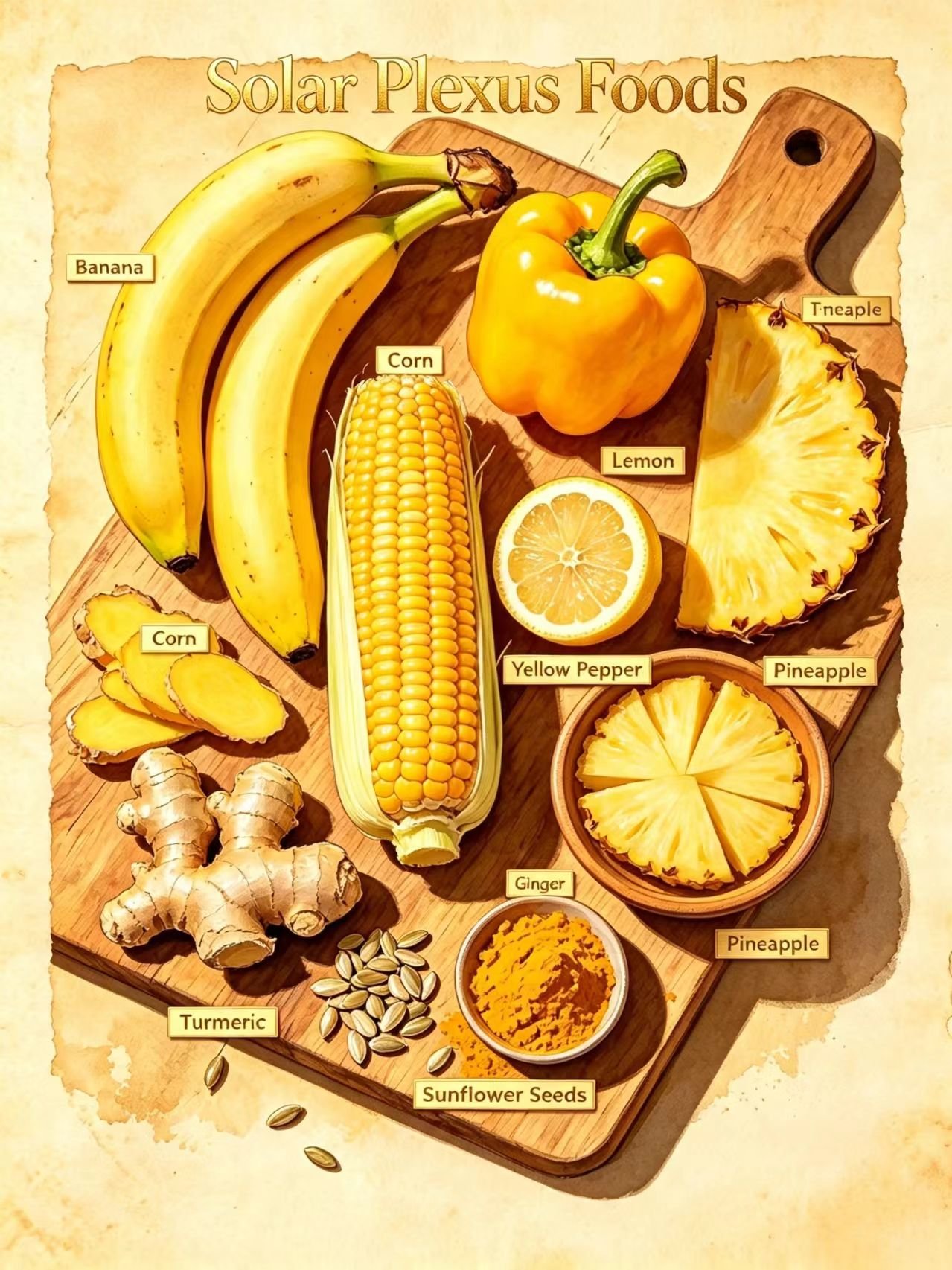 Yellow foods for solar plexus chakra healing, bananas, corn, lemons, brown rice, ginger, turmeric for Manipura balance