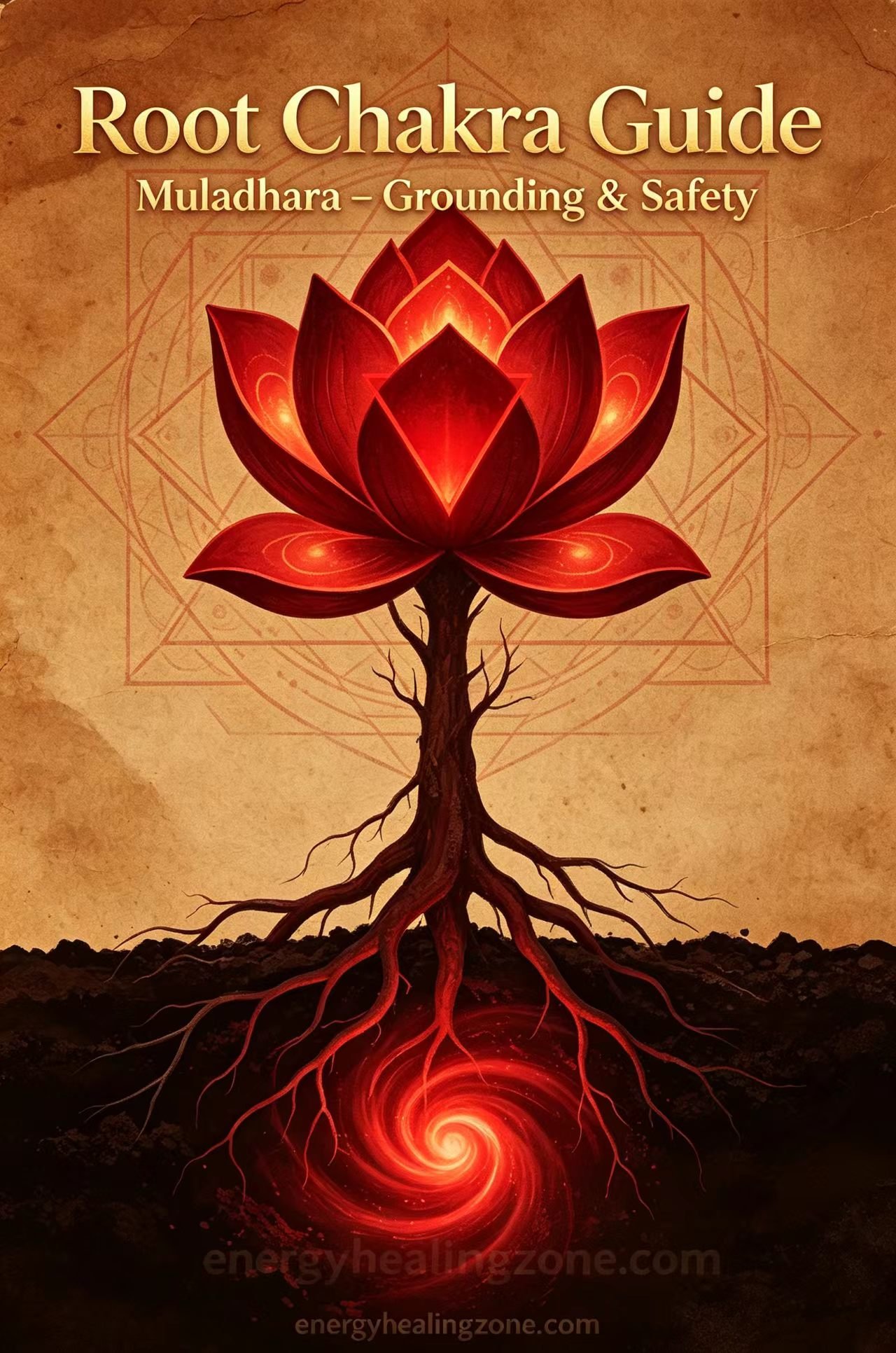 Root chakra Muladhara four-petal red lotus with tree roots, grounding earth energy, vintage parchment spiritual healing illustration