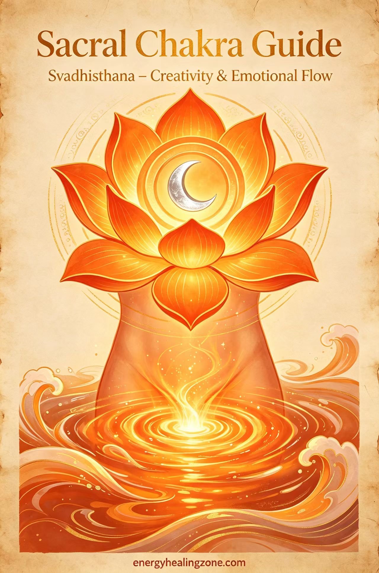 Sacral chakra Svadhisthana six-petal blue-orange lotus with water element symbol, rippling water energy, vintage parchment spiritual healing illustration