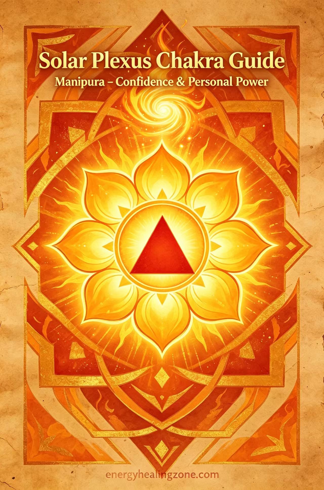 Solar plexus chakra Manipura ten-petal yellow lotus, fire element symbol, golden solar energy, vintage parchment spiritual healing illustration