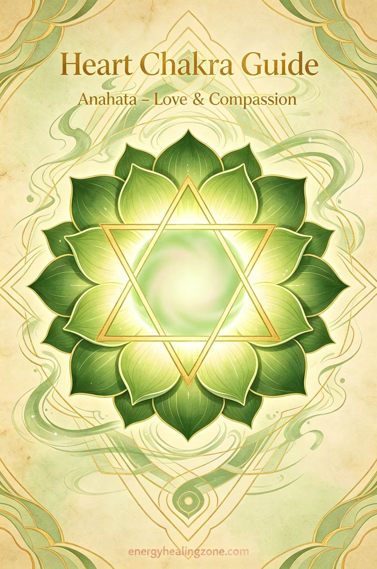 Heart chakra Anahata twelve-petalled green-pink lotus, heart chakra symbol, rose quartz energy, vintage parchment spiritual healing illustration