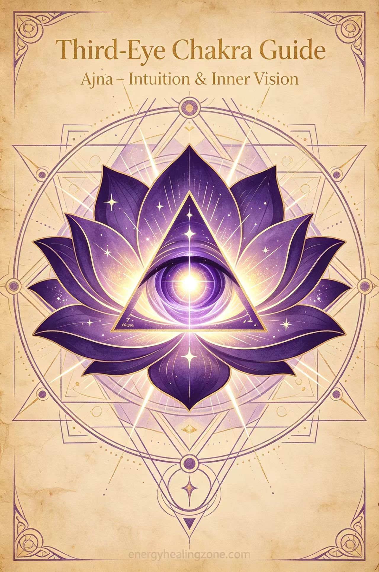 Third eye chakra Ajna two-petal indigo lotus, third-eye symbol, intuitive cosmic energy, vintage parchment spiritual healing illustration