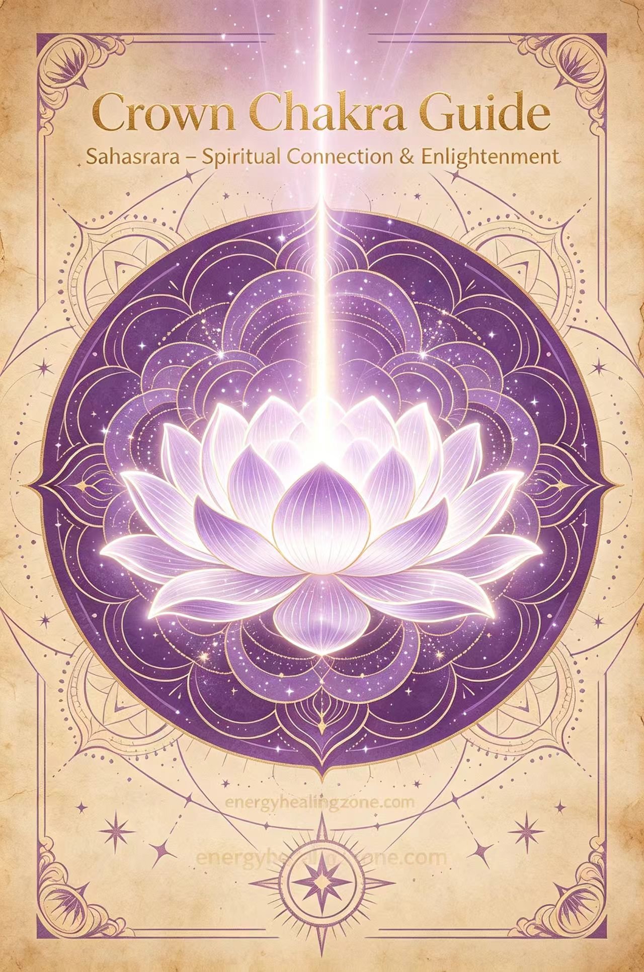 Crown chakra Sahasrara thousand-petal white-violet lotus, crown chakra symbol, divine cosmic light, vintage parchment spiritual healing illustration