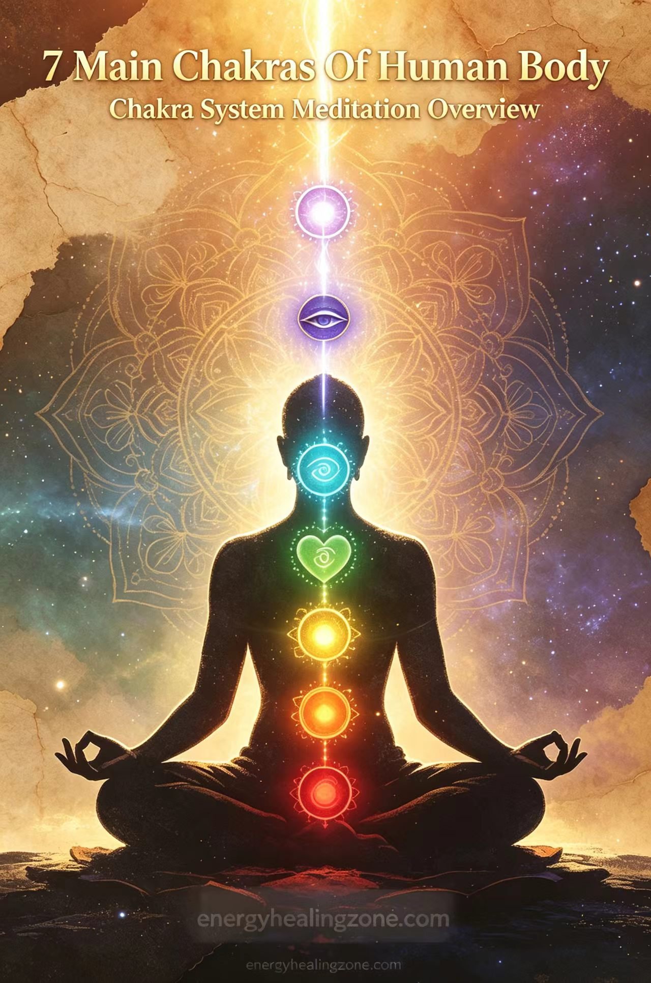 7 main human chakra system illustration, meditating human silhouette in lotus pose, seven glowing colored chakra symbols along spine, vintage parchment cosmic background, spiritual energy healing artwork