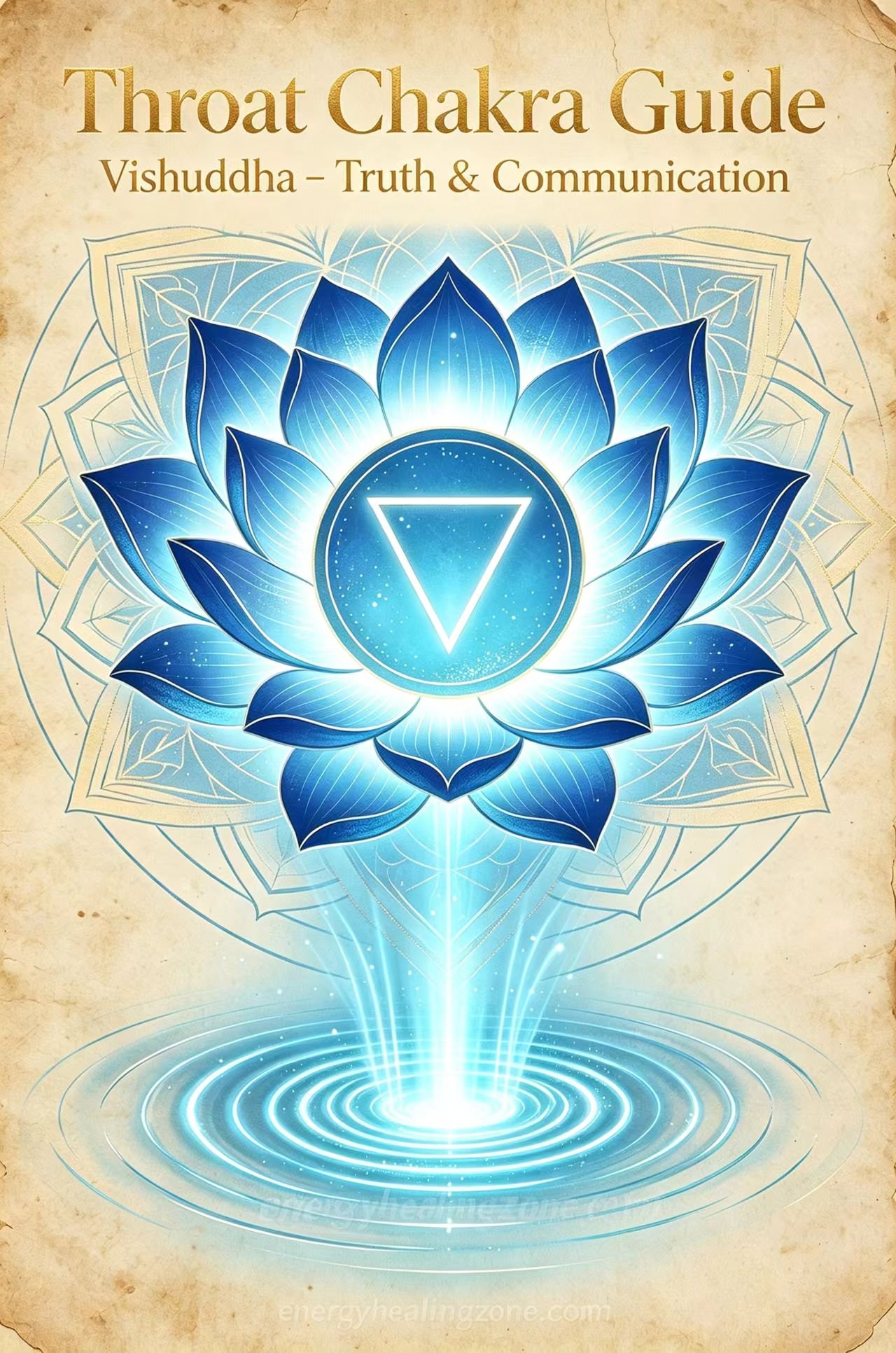Throat chakra Vishuddha sixteen-petal blue lotus, throat chakra symbol, sound-wave light energy, vintage parchment spiritual healing illustration