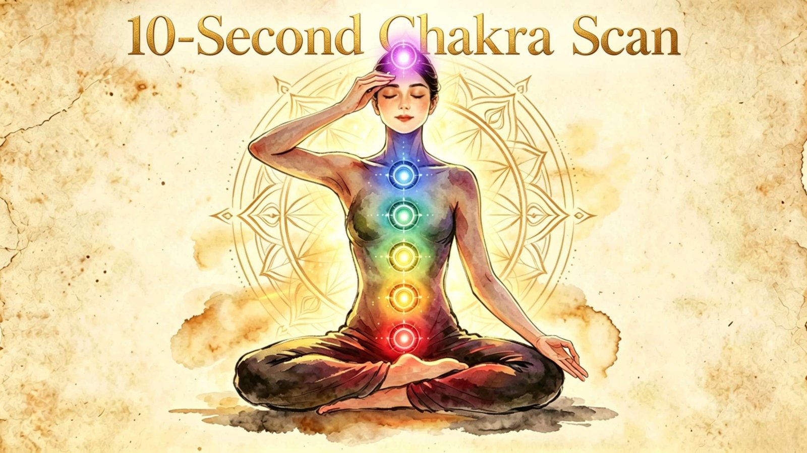 10-Second Chakra Scan - Featured Image Woman meditating with 7 glowing chakras along her spine during a 10-second chakra scan