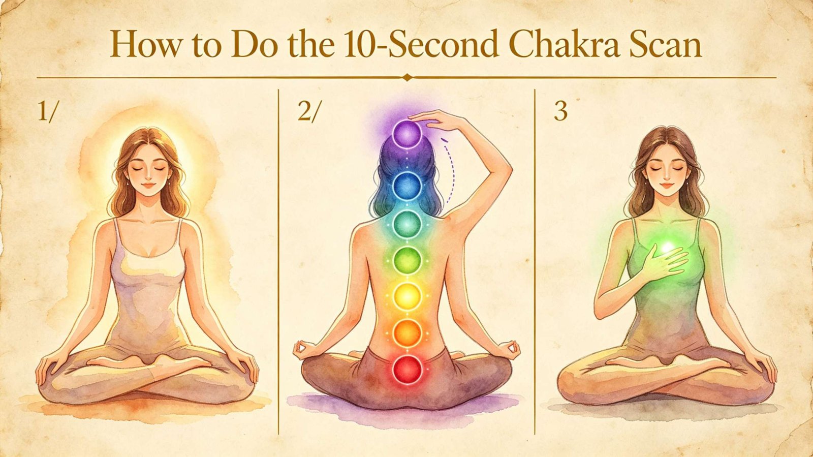 How to Perform a 10-Second Chakra Scan - 3 Steps 3-step infographic showing how to perform a 10-second chakra scan with deep breathing, visualization, and self-assessment