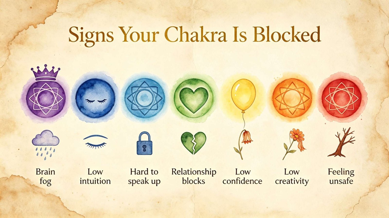 Chakra Symptoms Quick Reference Chart Infographic showing a human body with 7 chakra points labeled with common physical and emotional symptoms for each energy center