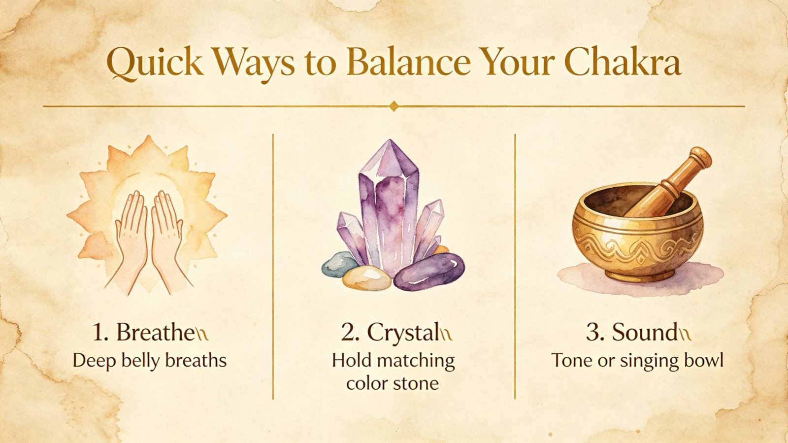 Chakra Healing Tools - Crystals, Yoga, Foods, and Sound Flat lay of chakra healing tools including colorful crystals, yoga mat, fruits, vegetables, and singing bowl for energy healing