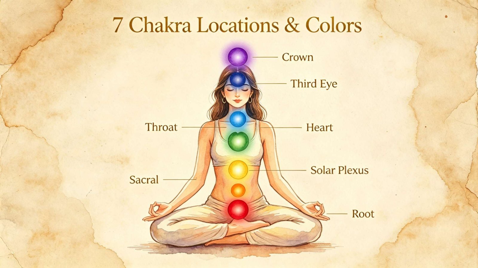 Complete 7 Chakras Location Chart - Root to Crown Anatomical chart showing all 7 chakra locations from root to crown with names and colors