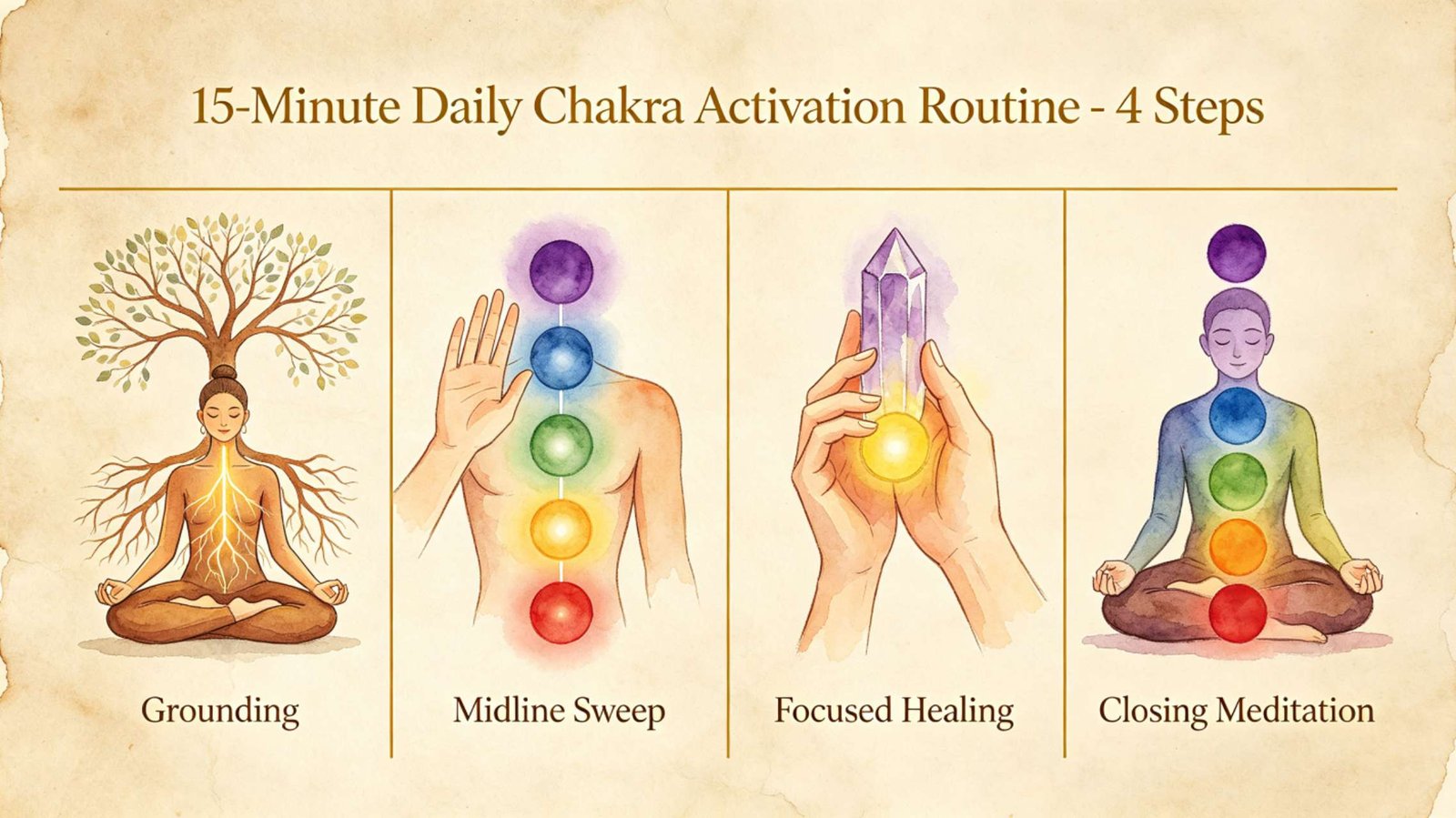 15-Minute Daily Chakra Activation Routine - 4 Steps 4-step infographic showing a 15-minute chakra activation routine with grounding, midline sweep, focused healing, and closing meditation