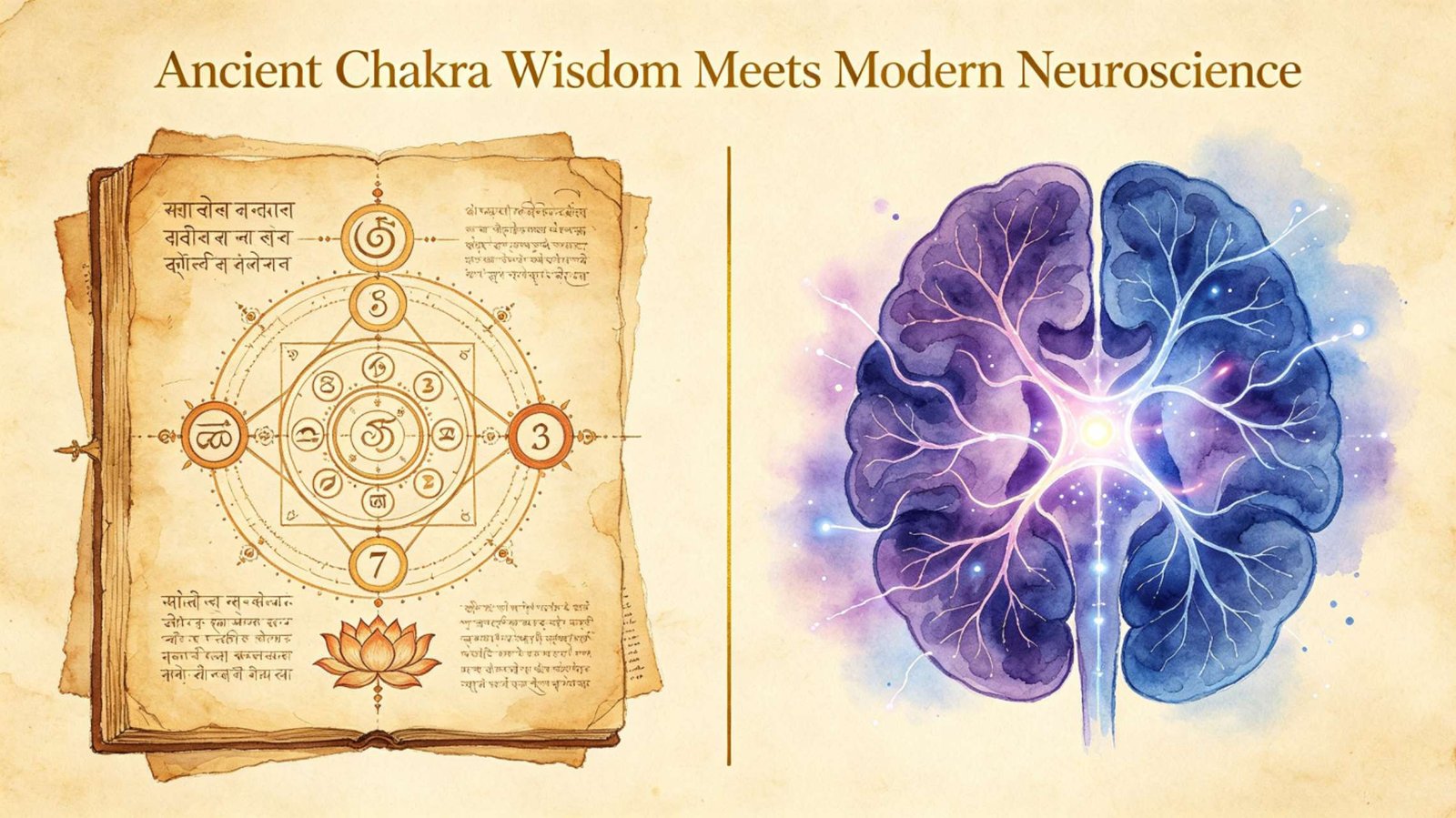 Ancient Chakra Wisdom Meets Modern Neuroscience Split image showing ancient Indian chakra manuscript on one side and modern neuroscience brain scan on the other, bridging tradition and science