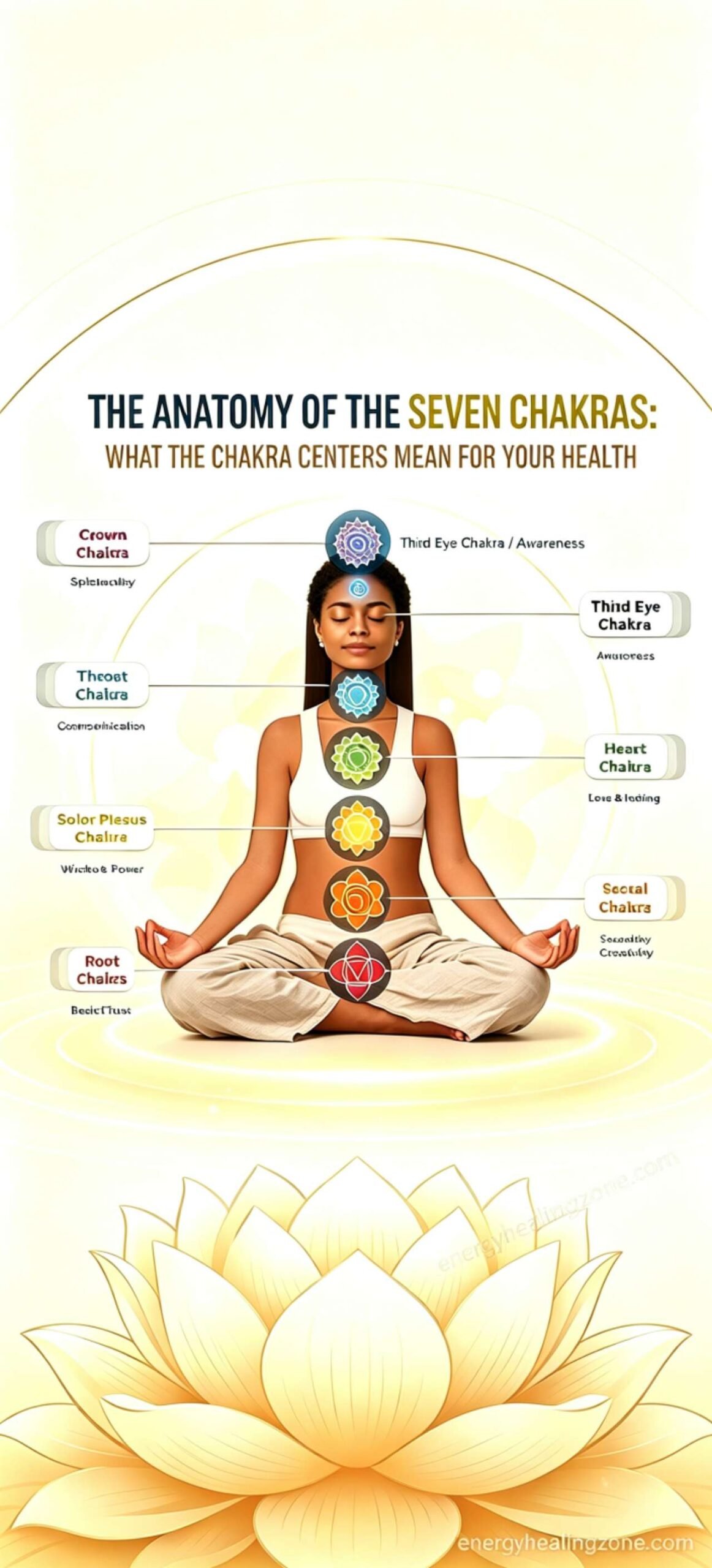 Complete 7 Chakras Location Chart - Root to Crown Anatomical chart showing all 7 chakra locations from root to crown with names and colors
