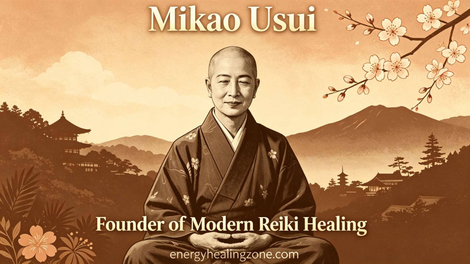 Mikao Usui — The Founder of Usui Reiki Healing Mikao Usui portrait illustration, origin of Usui Reiki in this complete guide to Reiki healing