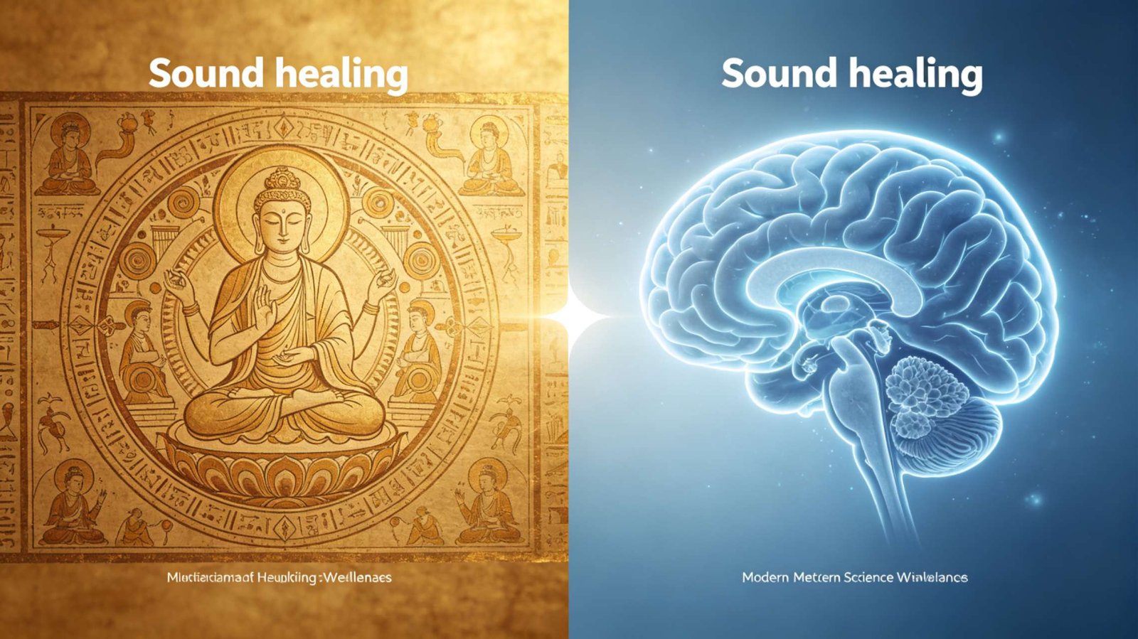 Sound healing and science infographic showing split image comparing ancient sound-healing wisdom with modern neuroscience brain scan