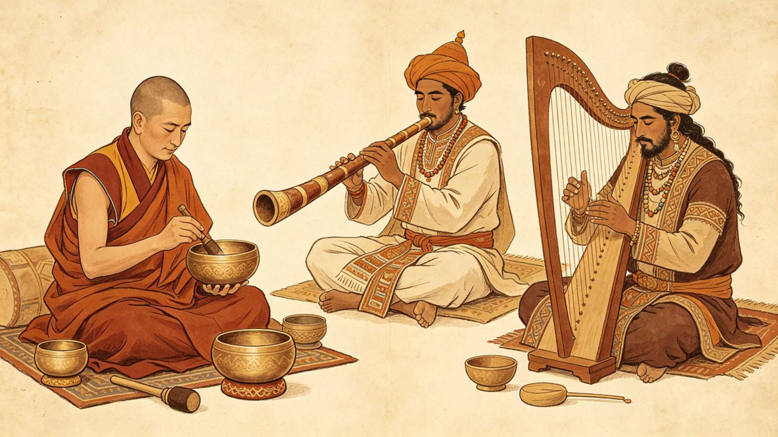 Sound healing history vintage illustration showing ancient cross-cultural sound-healing traditions across different civilizations