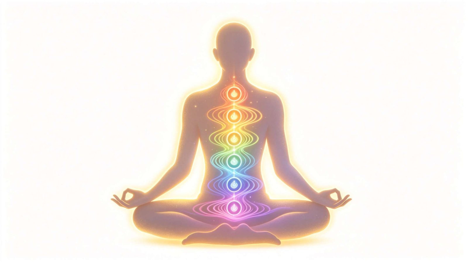 Sound healing and chakras connection showing meditating human silhouette with 7 glowing chakras and colorful sound-wave vibrations