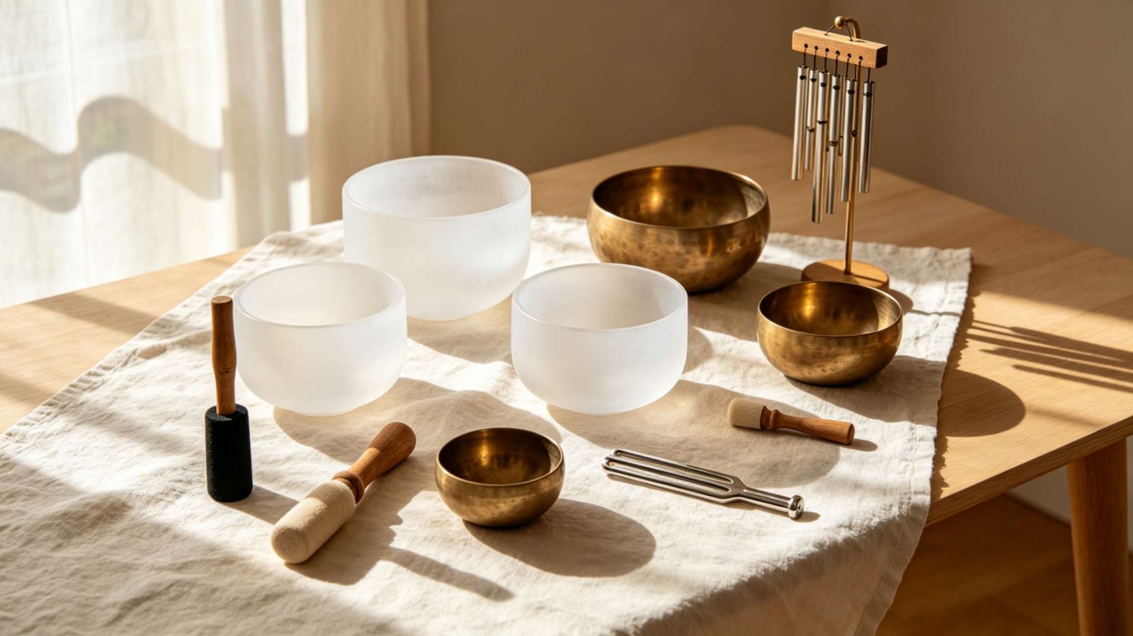Sound healing instruments flat lay with crystal bowls, Tibetan bowls, tuning forks, gong and chimes on linen fabric