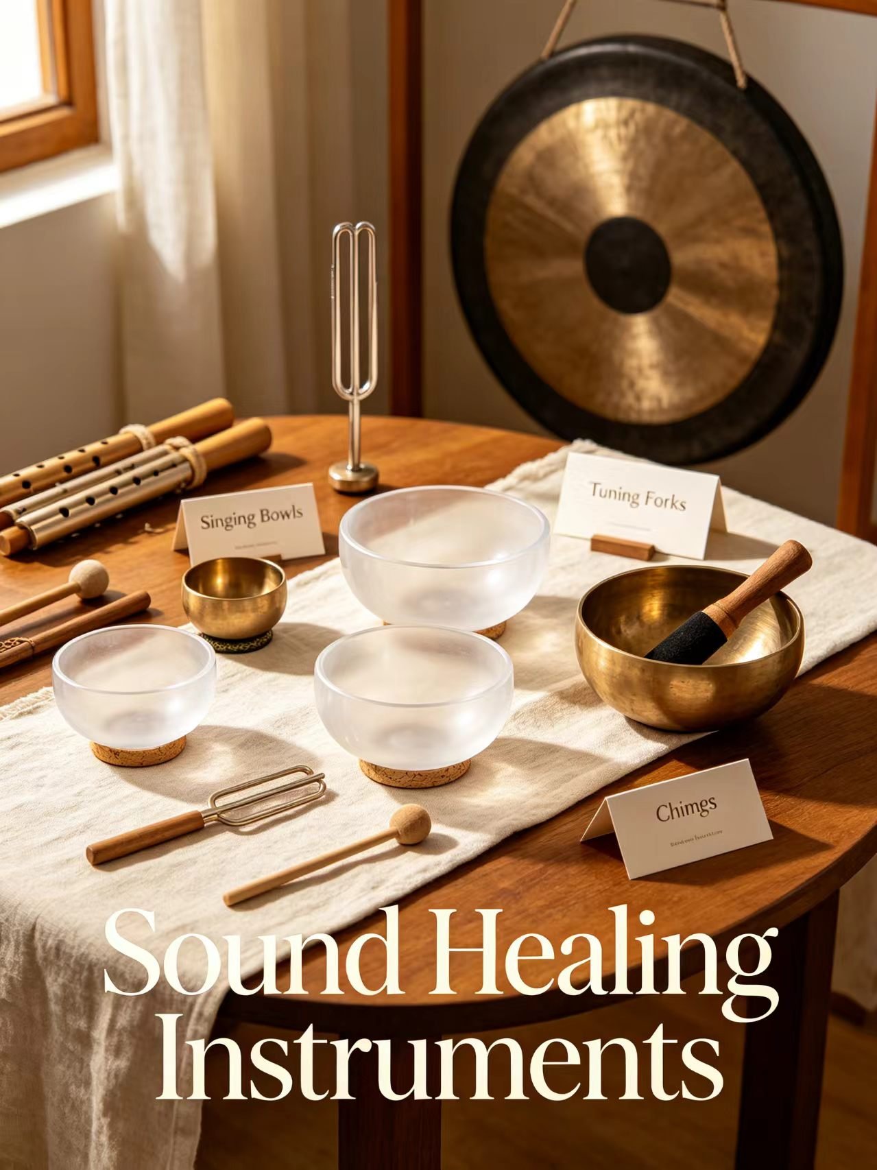 6 Types of Sound Healing – Singing Bowls, Tuning Forks, Sound Baths, Vocal Toning, Drum Healing, Gong Therapy Six types of sound healing methods shown with illustrations: singing bowl therapy, tuning fork therapy, sound baths, vocal toning, drum healing, and gong therapy