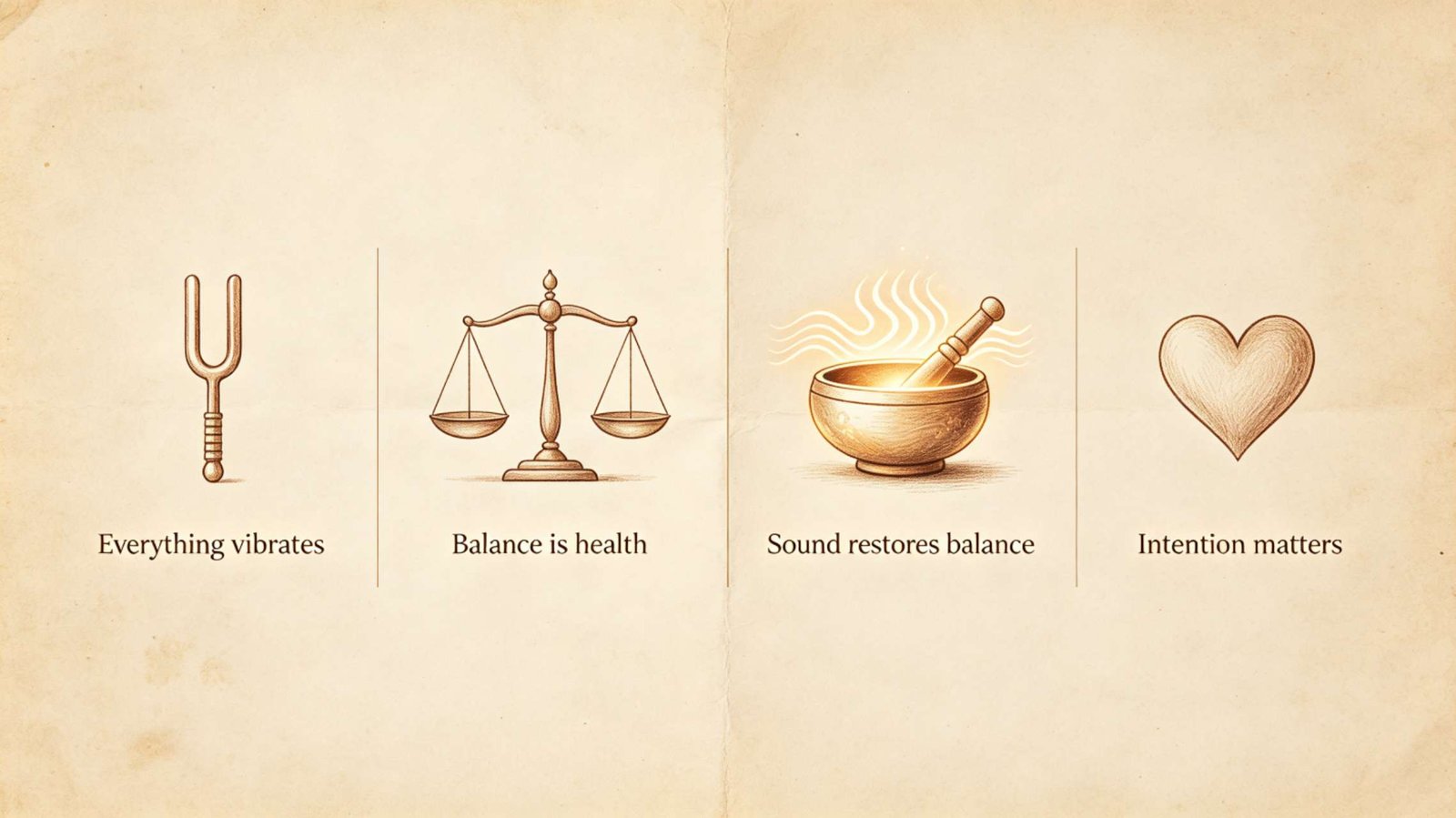 The 4 Core Principles of Sound Healing – Vibrational Balance Four core principles of sound healing infographic showing everything vibrates, balance is health, sound restores balance, and intention matters
