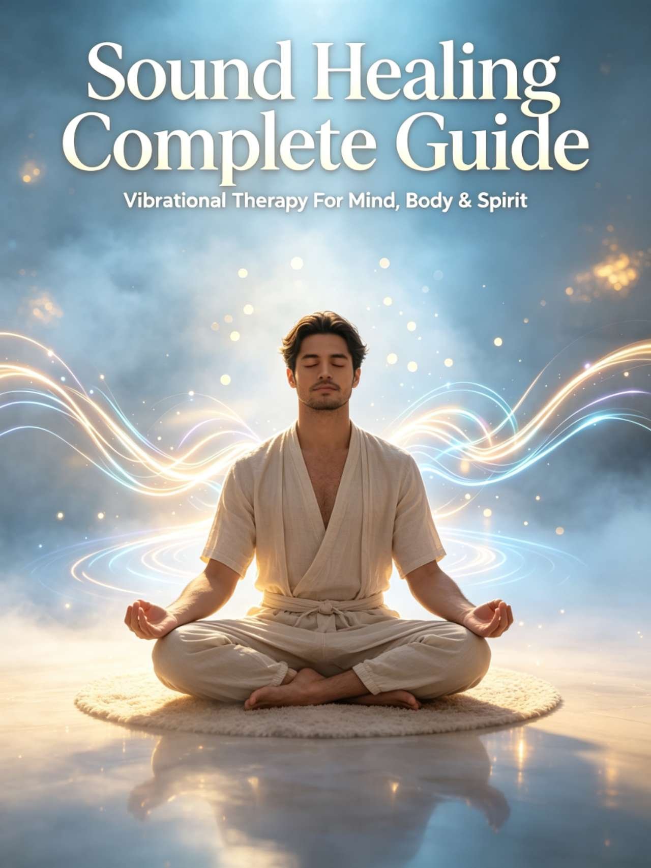 Sound Healing Complete Guide – Featured Image Serene sound-healing studio session with crystal singing bowl, meditating person, rainbow glowing sound waves radiating outward