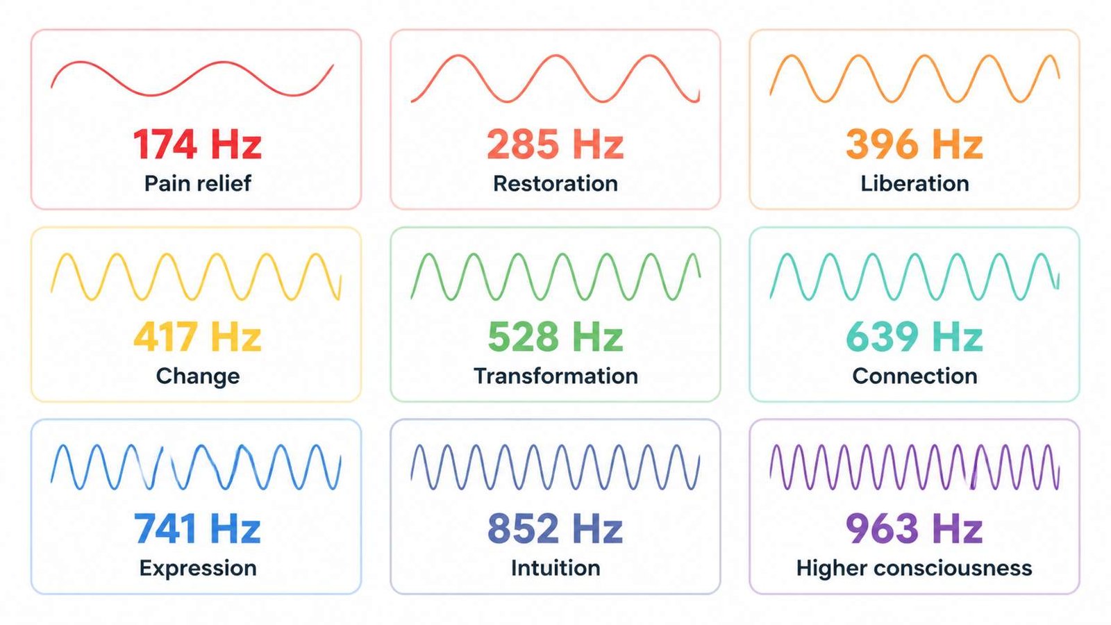 The 9 Solfeggio Frequencies – Complete Waveform Chart Complete chart showing 9 Solfeggio frequencies waveforms from 174 Hz to 963 Hz with frequency names and healing properties