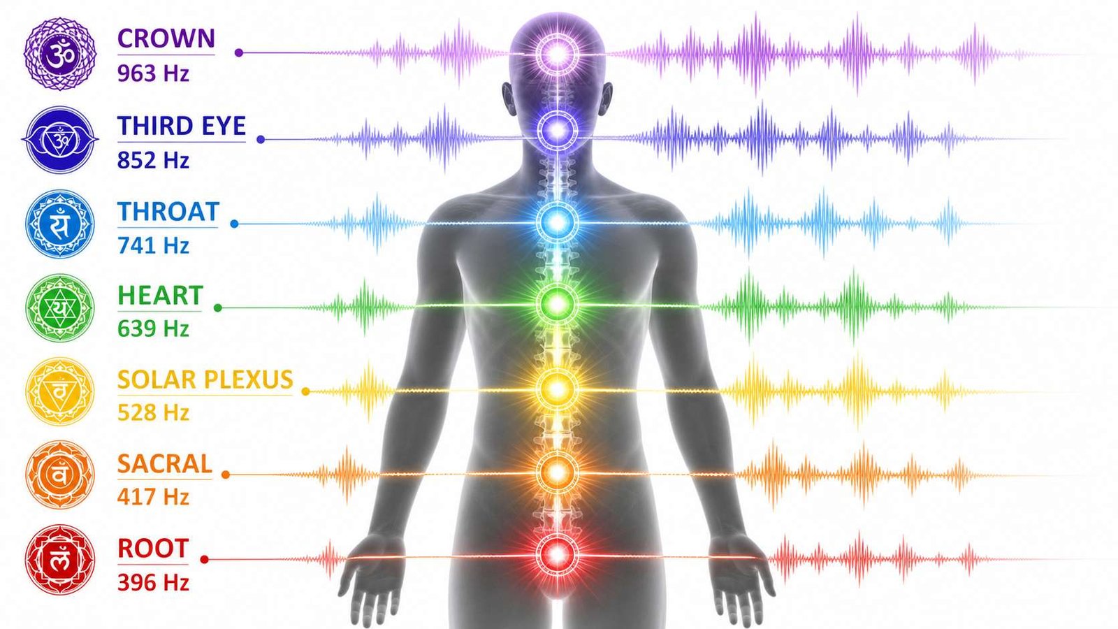 Solfeggio Frequencies and the 7 Chakras – Complete Mapping Solfeggio frequencies and 7 chakras mapping chart with frequencies and chakra colors