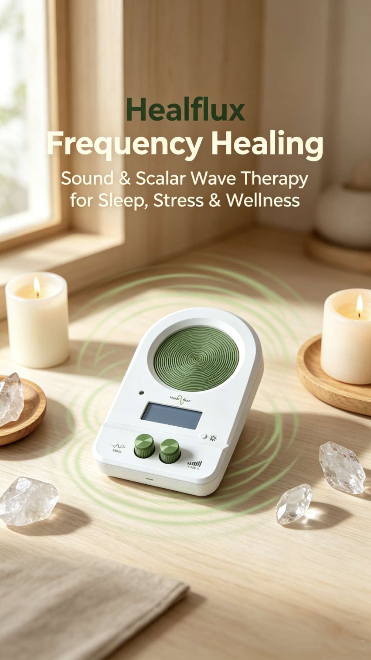 Healflux Frequency Healing – Sound & Scalar Wave Therapy Device for Sleep, Stress & Wellness Healflux frequency healing scalar wave therapy device sitting on light wooden table surrounded by clear quartz crystals and lit candles, soft glowing green energy ripples radiating from unit, calm natural wellness interior for sound healing sleep and stress relief