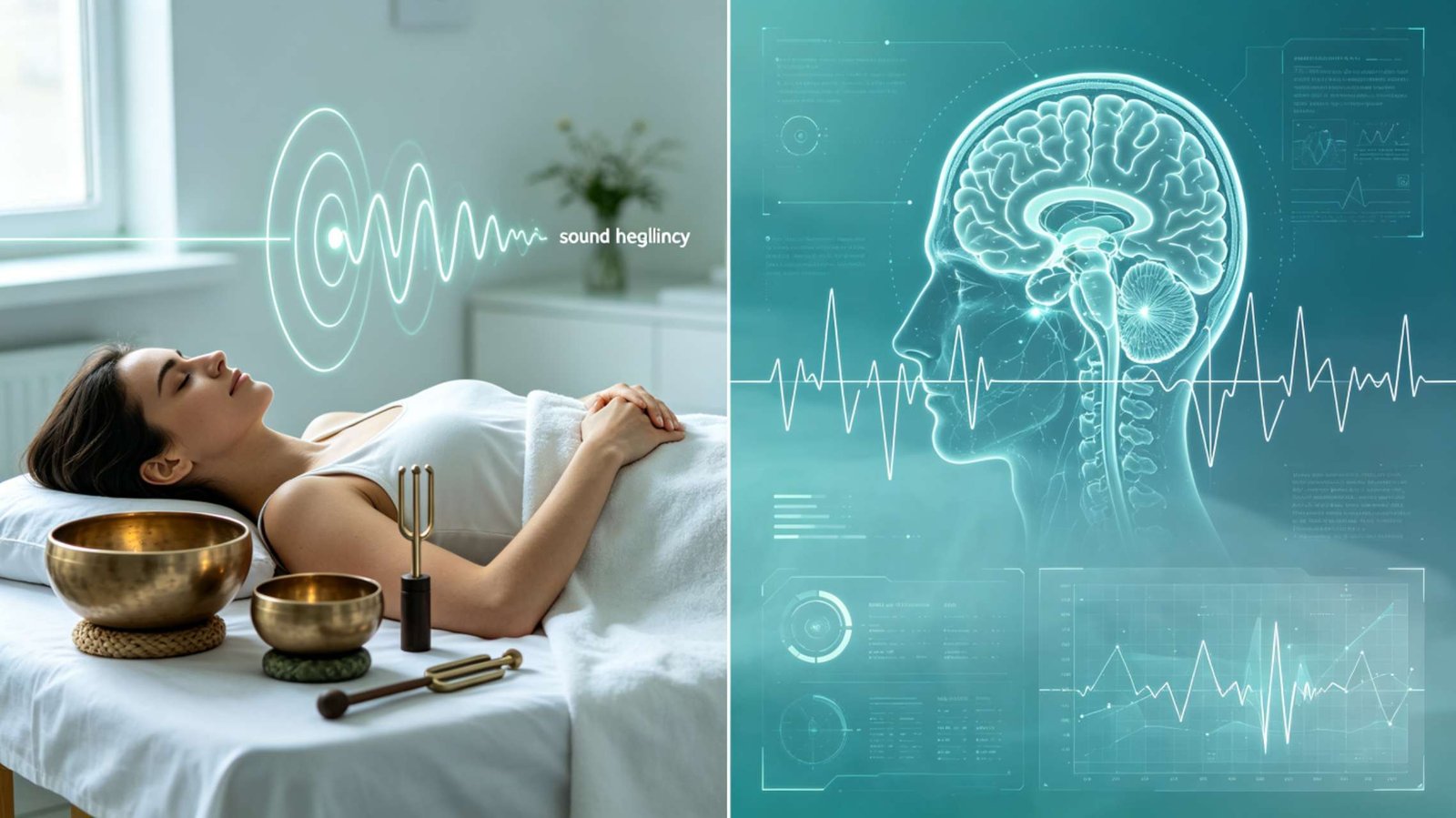 Sound Frequency Science, Sound Therapy Research for Mental and Body Relaxation Minimal modern scientific infographic visual for sound frequency therapy, soft blue‑green tone, wave diagrams, calm wellness research aesthetic for sound healing article