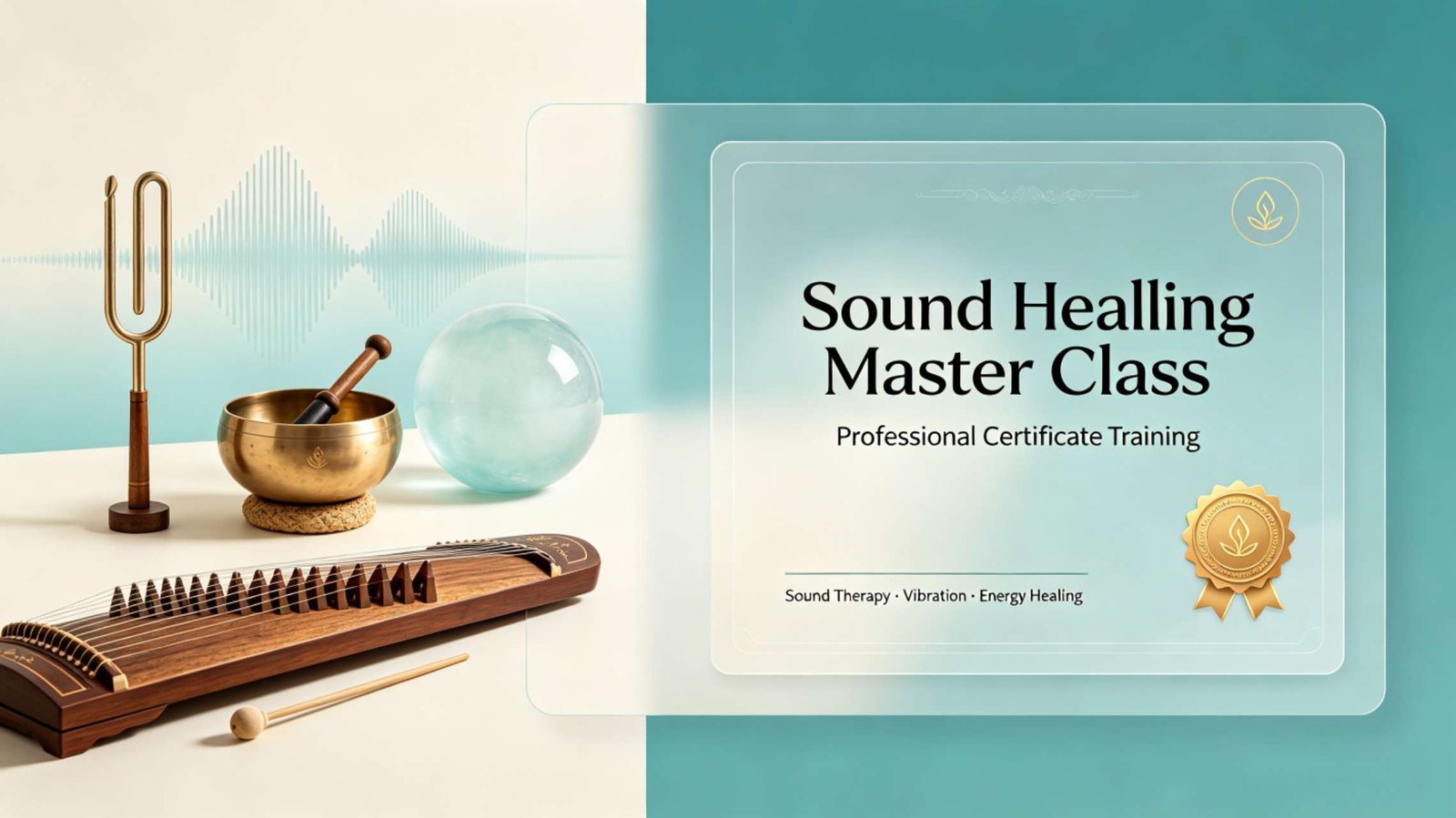 Sound Healing Master Class Banner for Spiritual Energy Healers Wide web banner for sound healing master class, soft natural earth tone background, spiritual holistic healing theme, suitable for wordpress blog promotion block