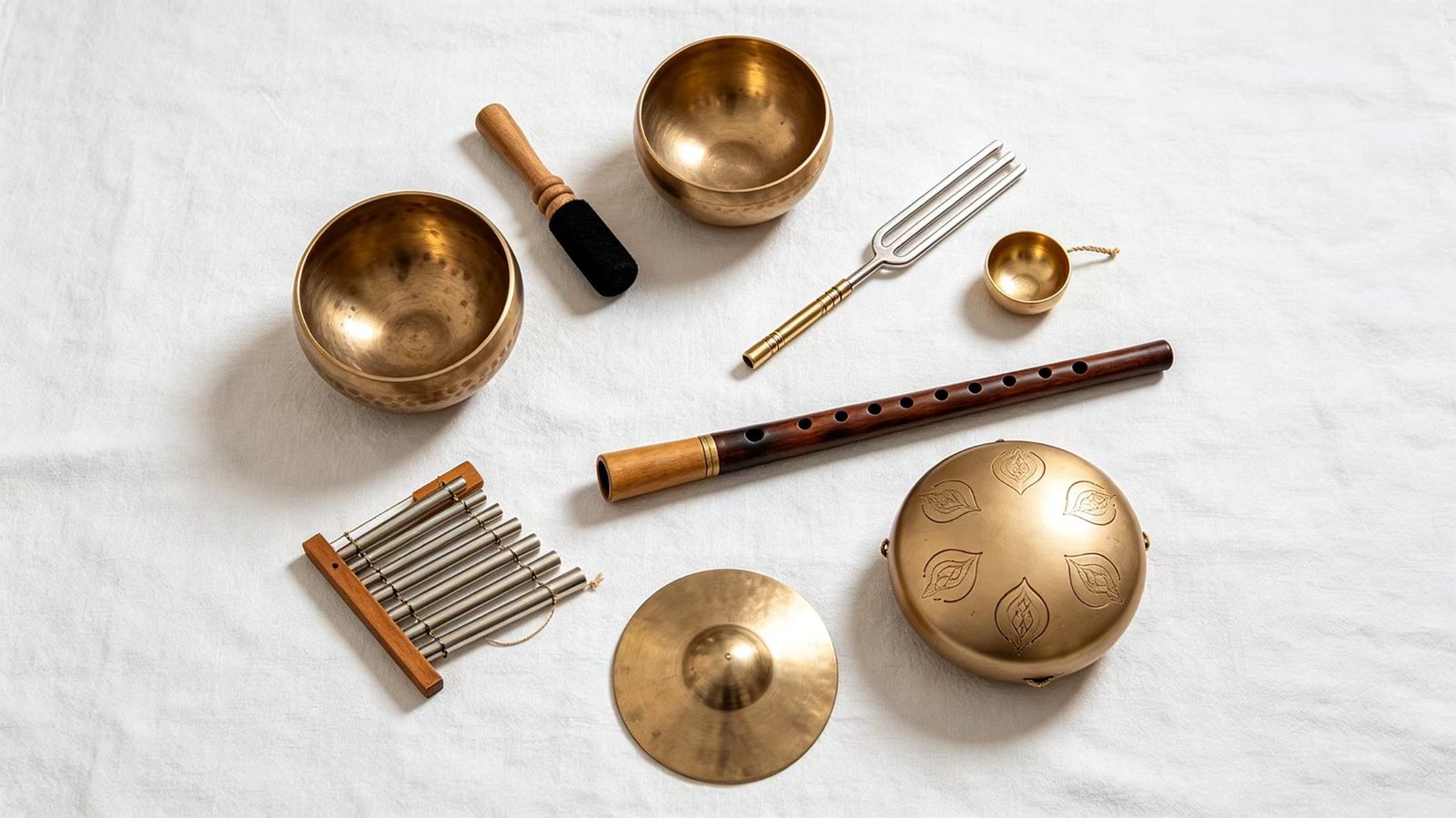 Seven essential sound healing instruments arranged in a flat lay: crystal singing bowls, Tibetan bowls, tuning forks, gong, chimes, didgeridoo, and drum