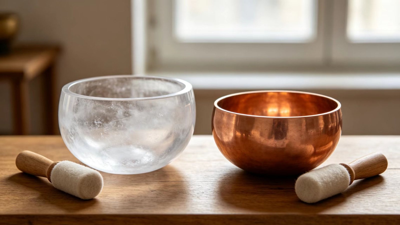 Close‑up of crystal and Tibetan singing bowls with mallets, showing how to play them for sound healing