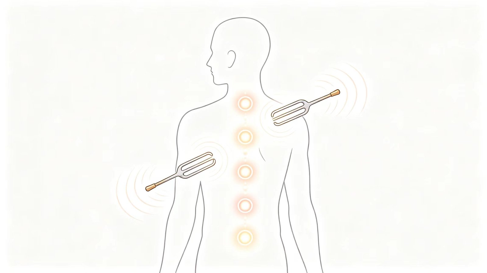 Tuning forks placed on a human silhouette showing chakra points for vibrational therapy
