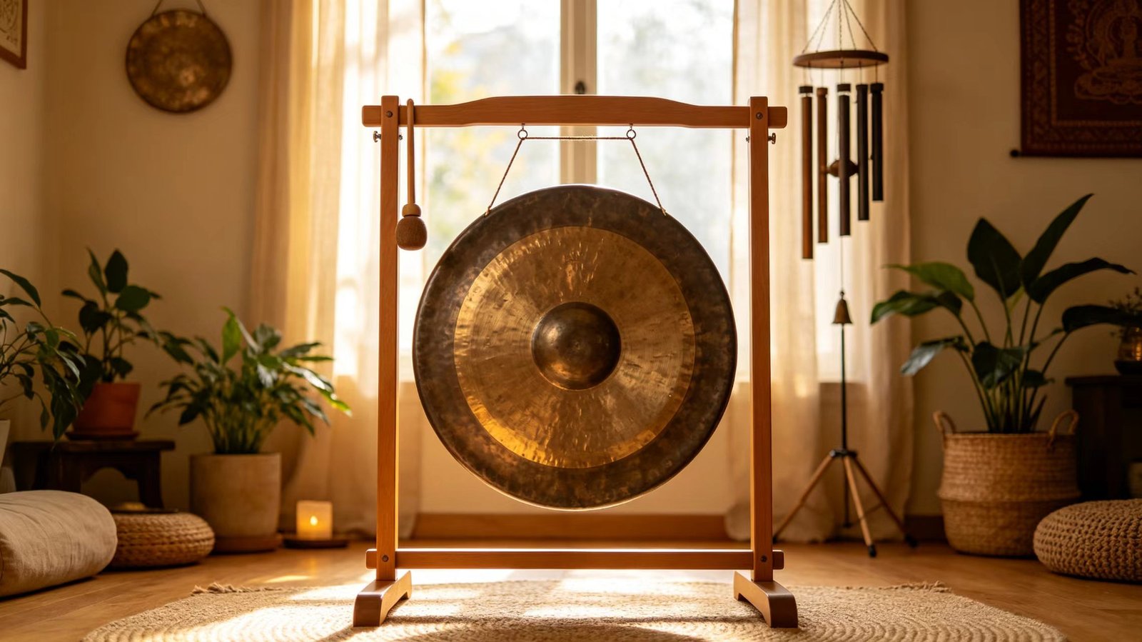 A large gong and wind chimes in a serene healing studio setting