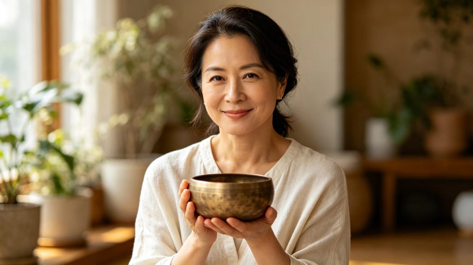 Sound healing instruments expert and holistic wellness practitioner with gentle smile