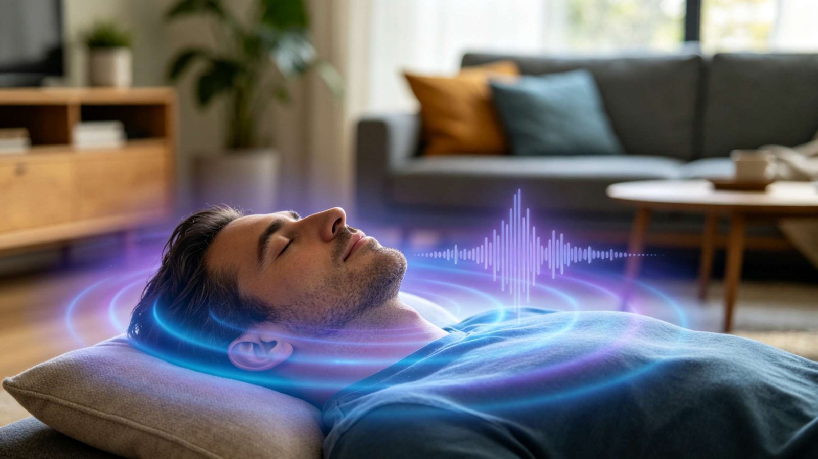 Sound Healing for Anxiety – Featured Image Sound healing for anxiety guide with person relaxing and glowing sound waves calming the mind