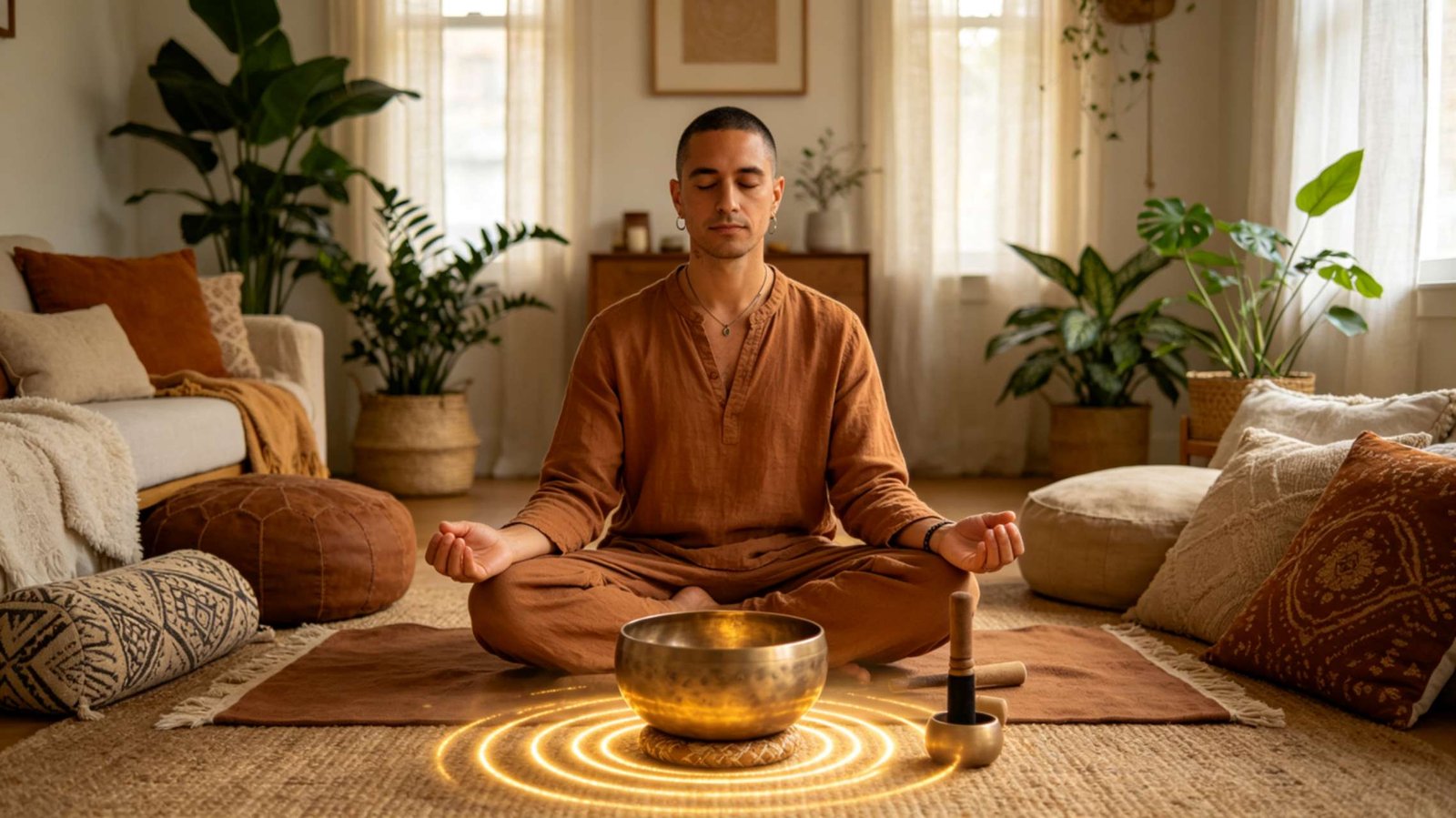 Sound Healing Meditation for Anxiety – How to Practice Person meditating with singing bowl in calming environment for anxiety relief