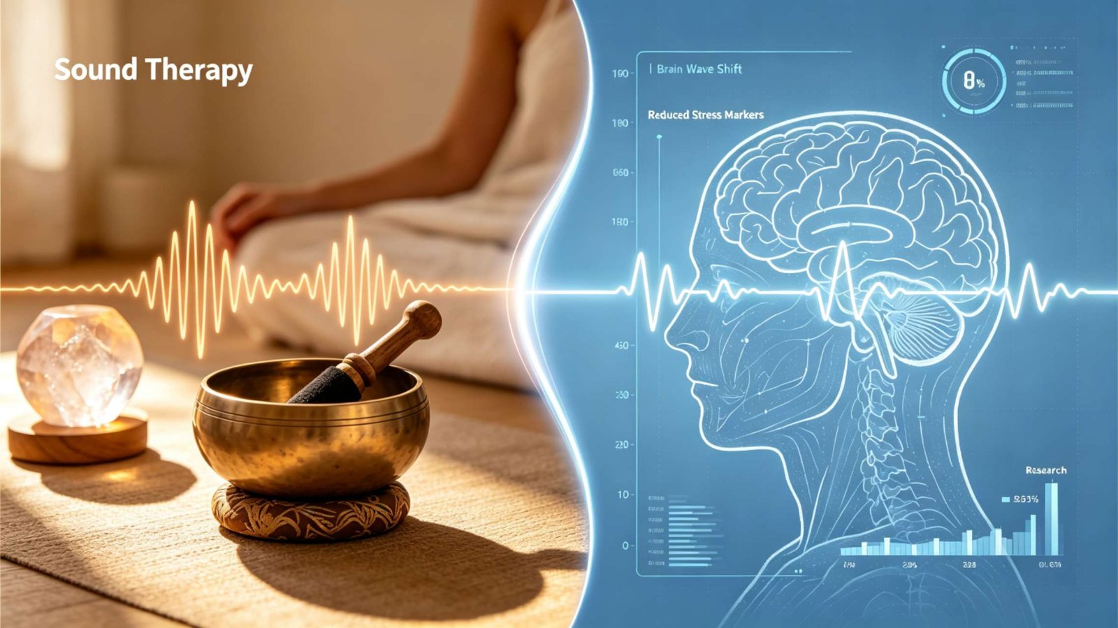 Sound Healing for Anxiety – What Research Says Split image showing sound healing session and brain scan research for anxiety reduction