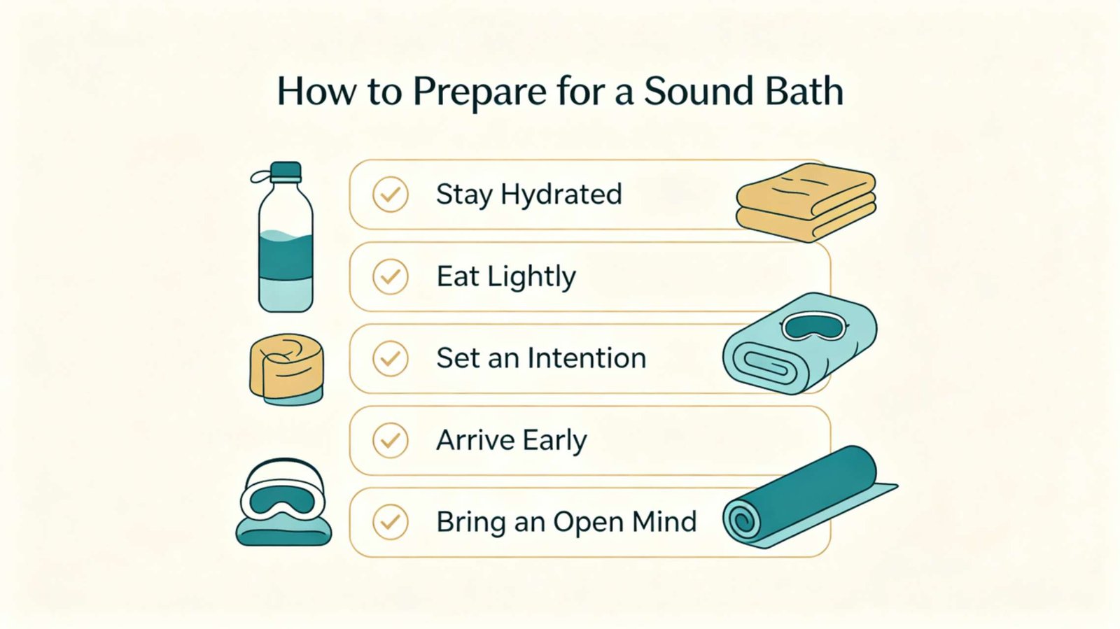 Sound Bath Guide – How to Prepare Checklist Sound bath guide checklist for preparing with comfortable clothing, water, and open mind