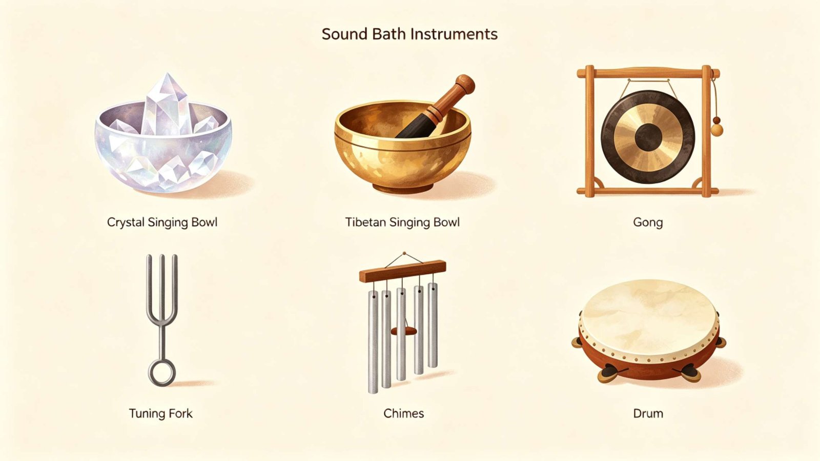 Sound Bath Guide – Instruments Used Sound bath guide showing common sound bath instruments: singing bowls, gongs, chimes, tuning forks, drums