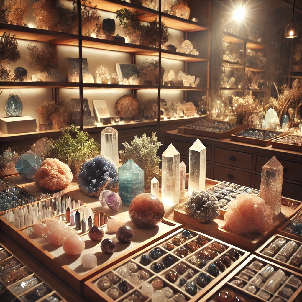 Exploring the Power of 3 Crystals: From Crystal Magic to Cosmic Crystals DALL·E 2025 02 10 12.05.46 A variety of crystals displayed in a crystal boutique. The scene includes different types of gemstones such as melanite aventurine sapphire crystal 1