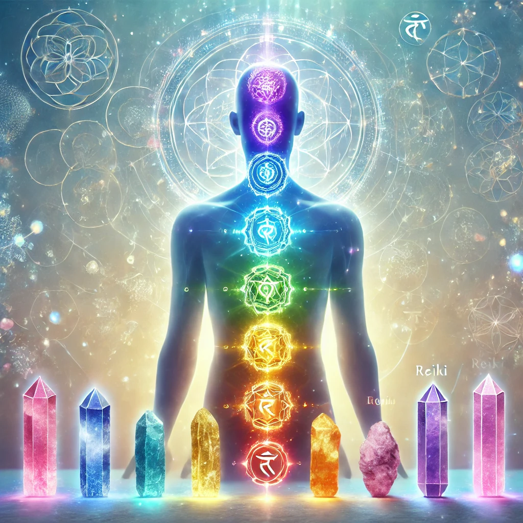 What is Energy Healing? And How Does It Work? energy healing:Seven chakras aligned with corresponding crystals and Reiki symbols