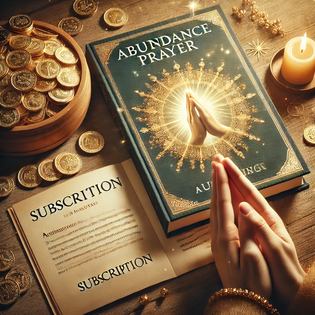 DALL·E 2025 03 16 22.25.53 An elegant and peaceful image of an open book titled Abundance Prayer resting on a soft wooden table surrounded by golden coins glowing light an